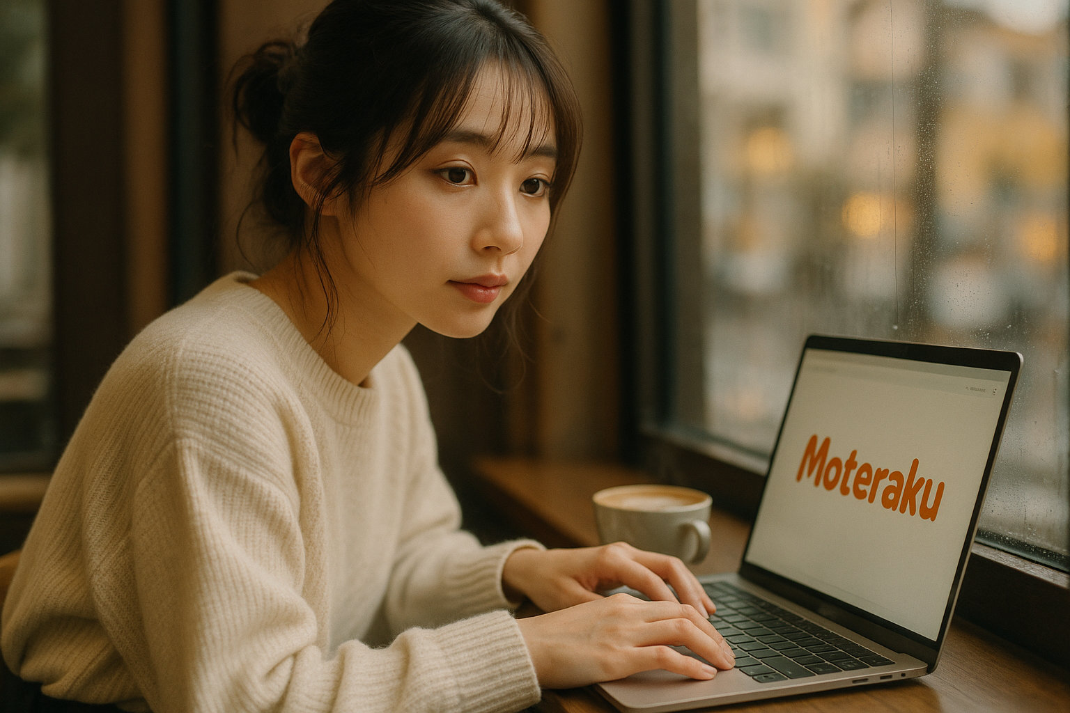 カフェでAIと一緒にお店のサイトを作る女性